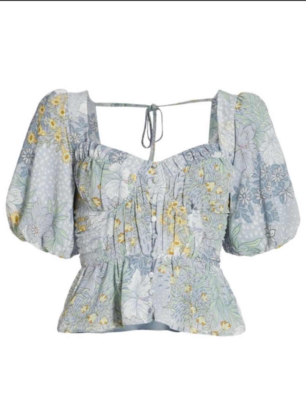 Astr Floral Puff-Sleeve Crop Top in Light Blue and Yellow